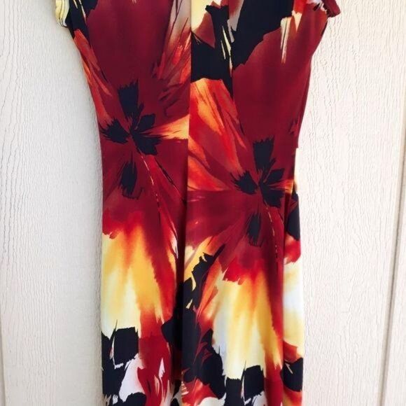 Vtg Cache Fiery Tropical Floral Mock Wrap Dress Stretch Bodycon Cap Sleeve Sz M - Picture 8 of 9